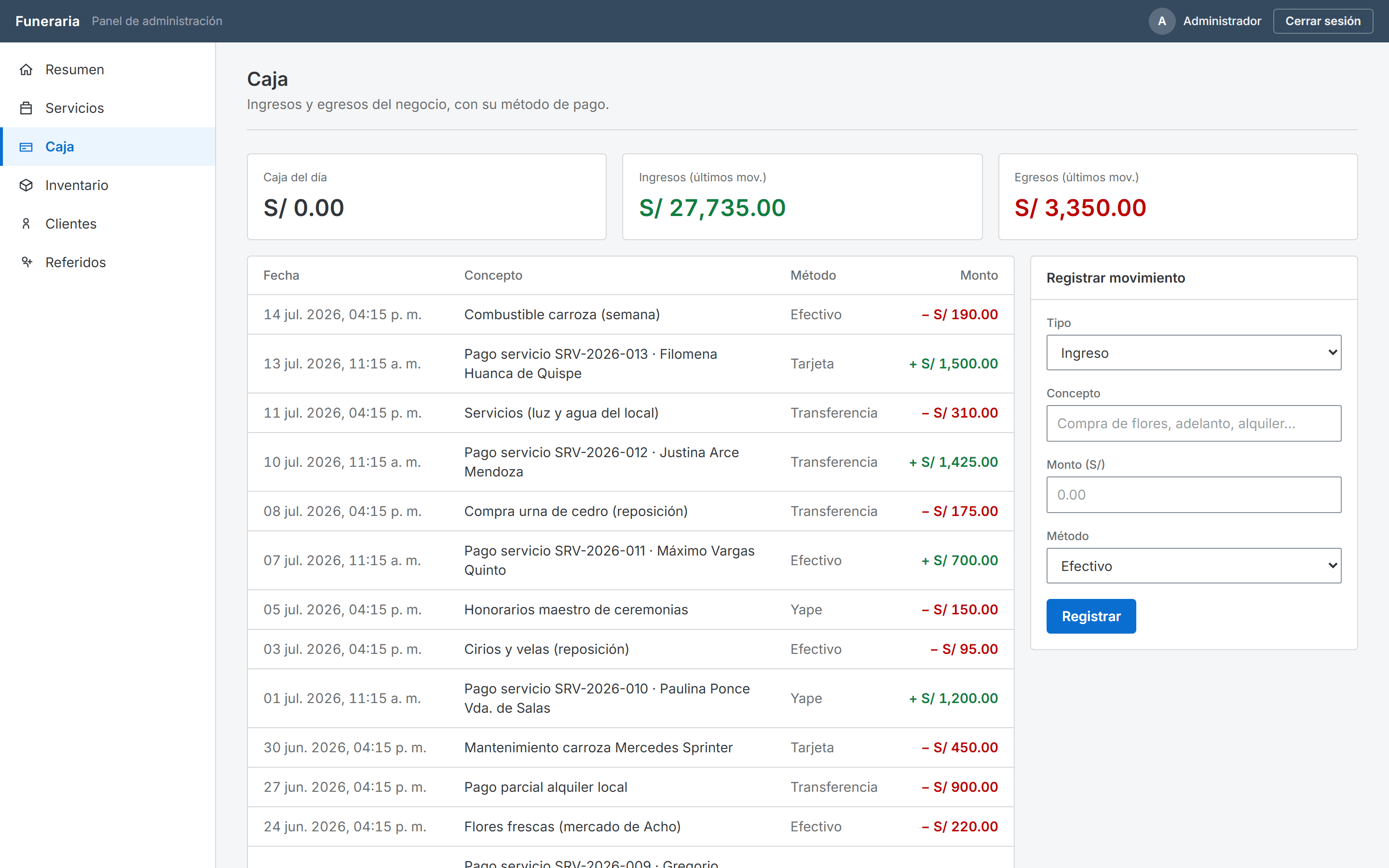 Módulo de caja: movimientos de ingresos y egresos con método de pago y saldo del día