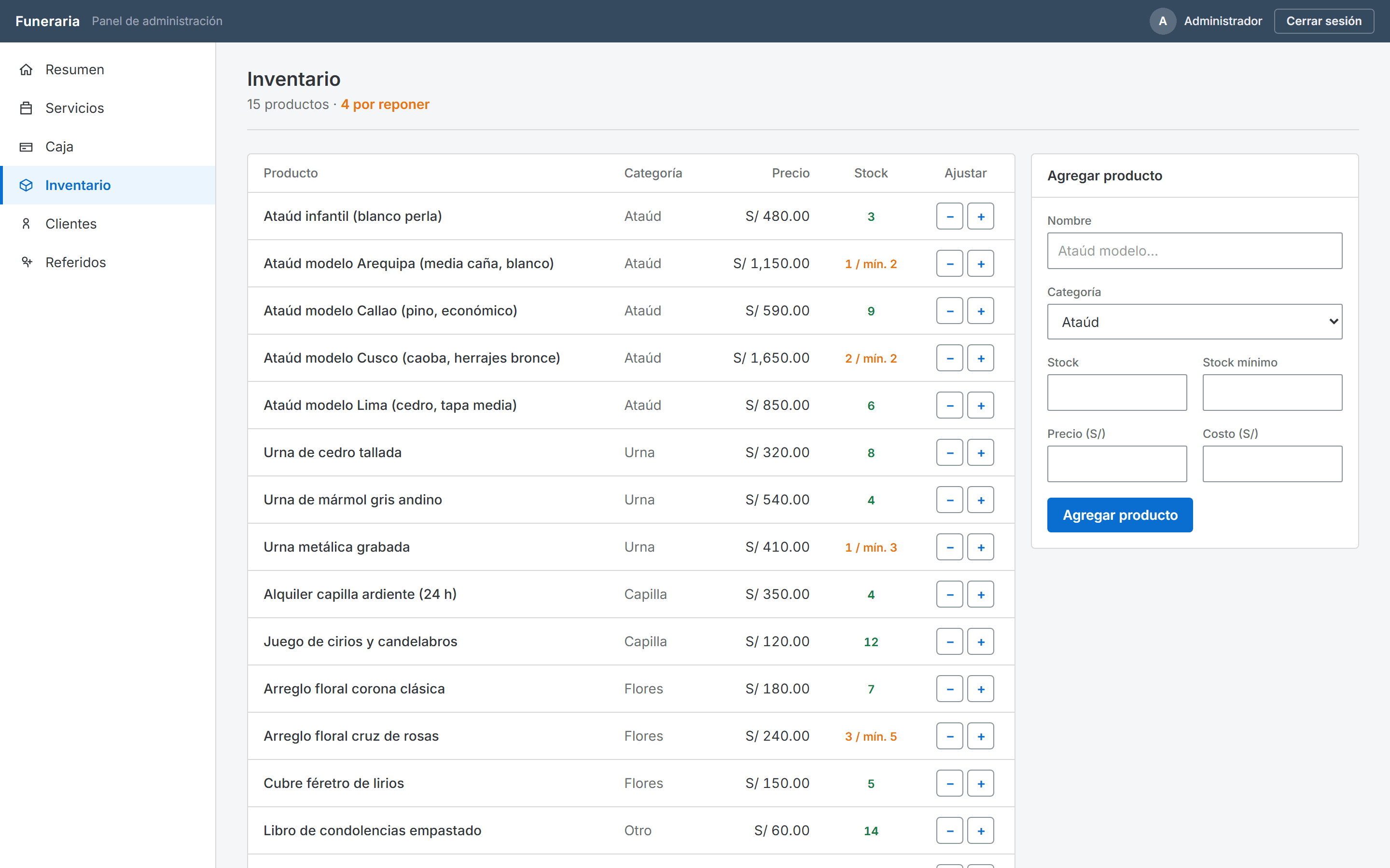 Módulo de inventario: productos con categoría, precio, stock y alertas de reposición